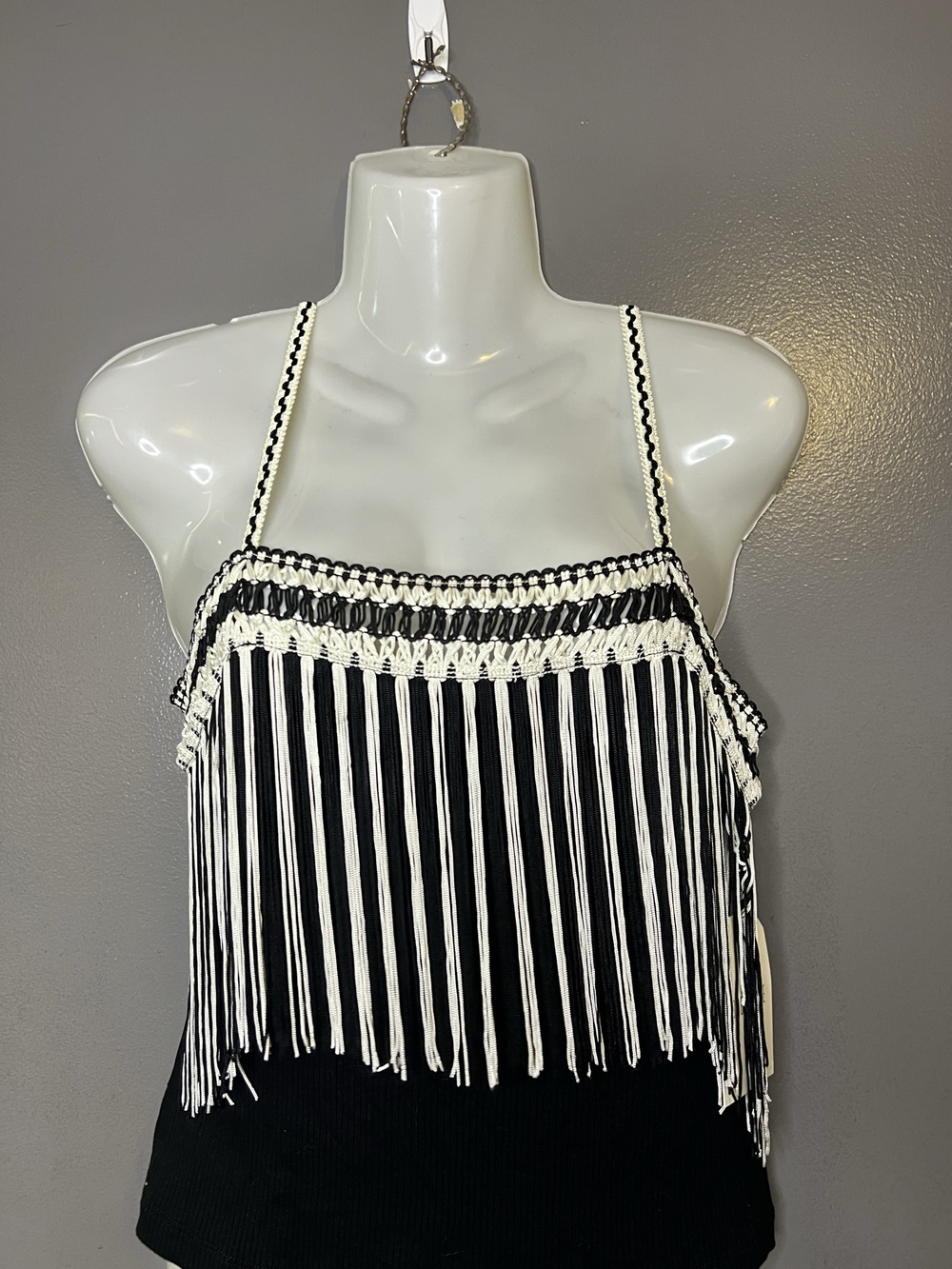 London Rose Tank Top Womens Medium Black Fringe Square Neck Festival Cami